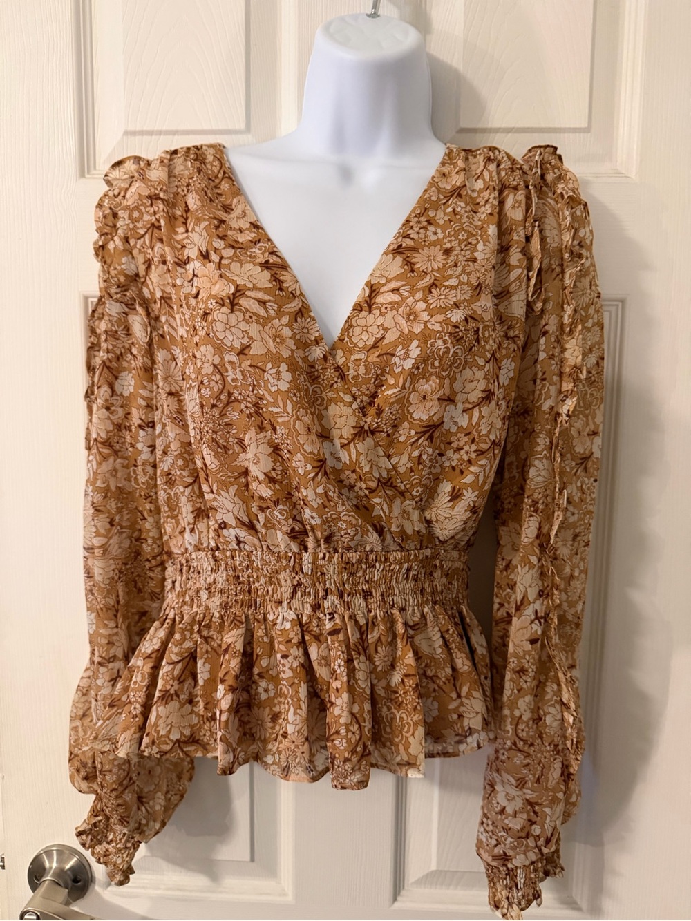 Express Tan Floral Wrap Peplum Blouse